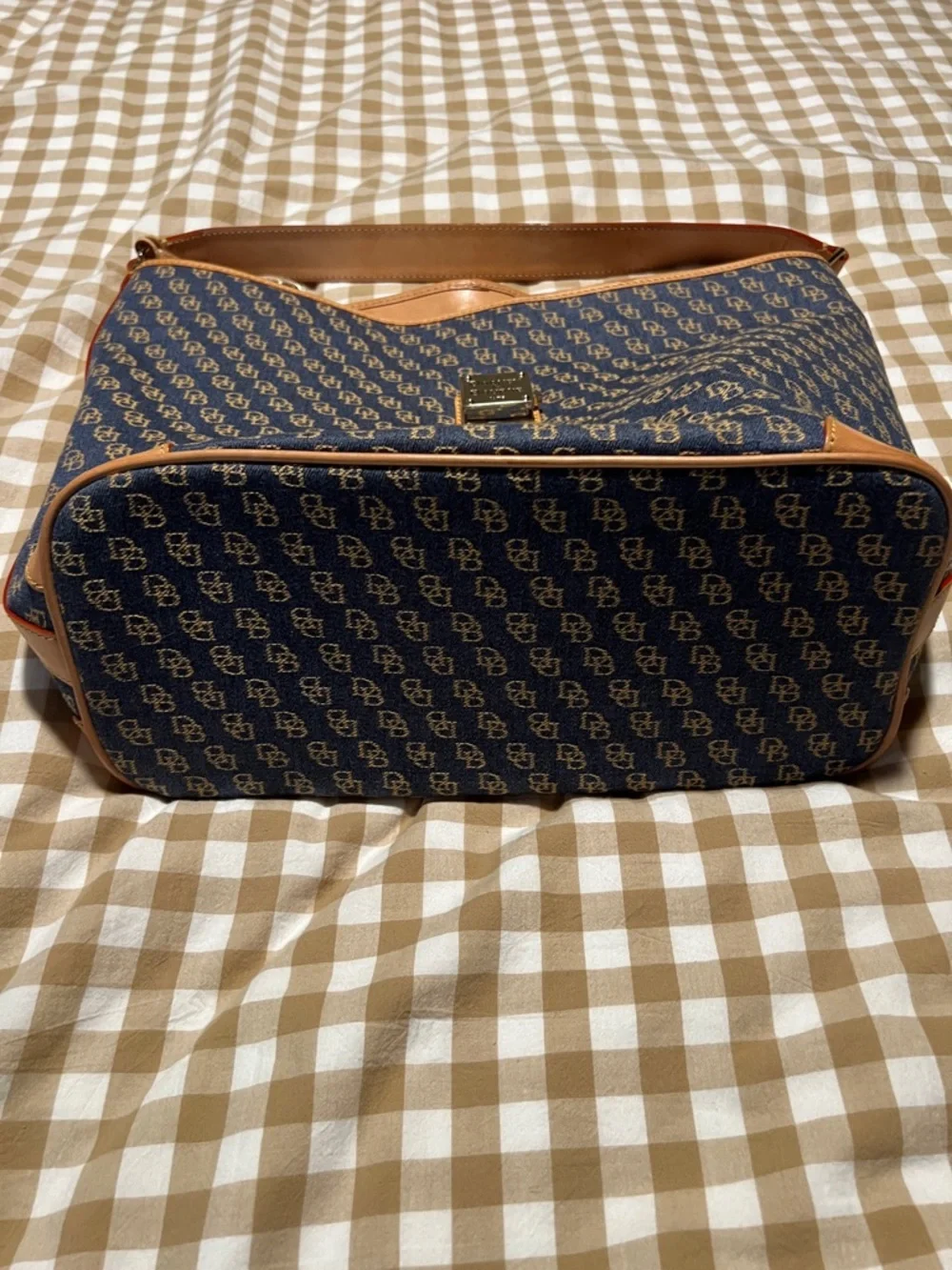 Dooney & Bourke Navy and Tan Signature DB Hobo Shoulder Bag